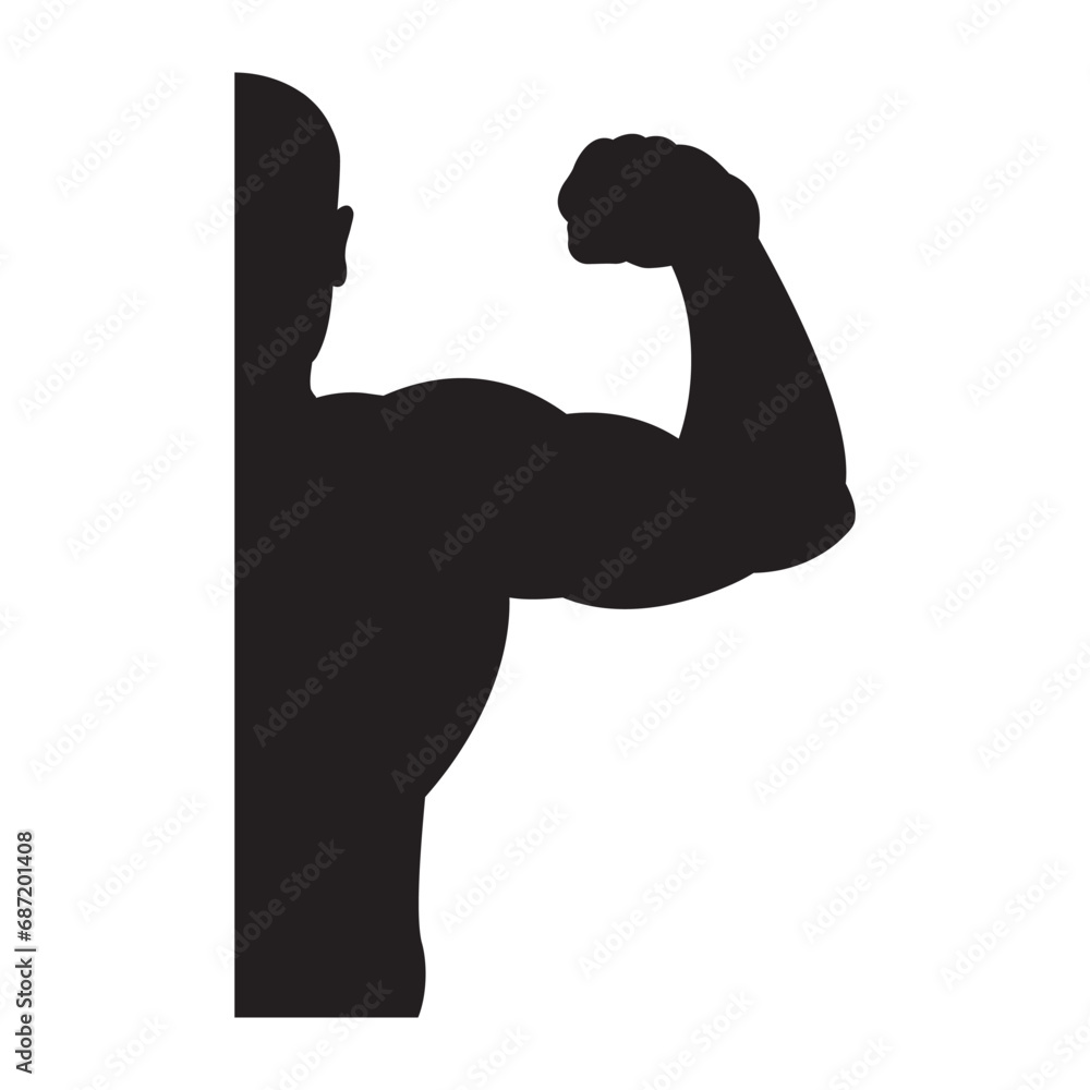 Bodybuilder strong man. Black silhouette. Design element. Vector illustration isolated on white background. Template for books, stickers, posters, cards, clothes. Bodybuilder strong man. Black silhouette. Design element. Vector illustration isolated on white background. Template for books, stickers, posters, cards, clothes.