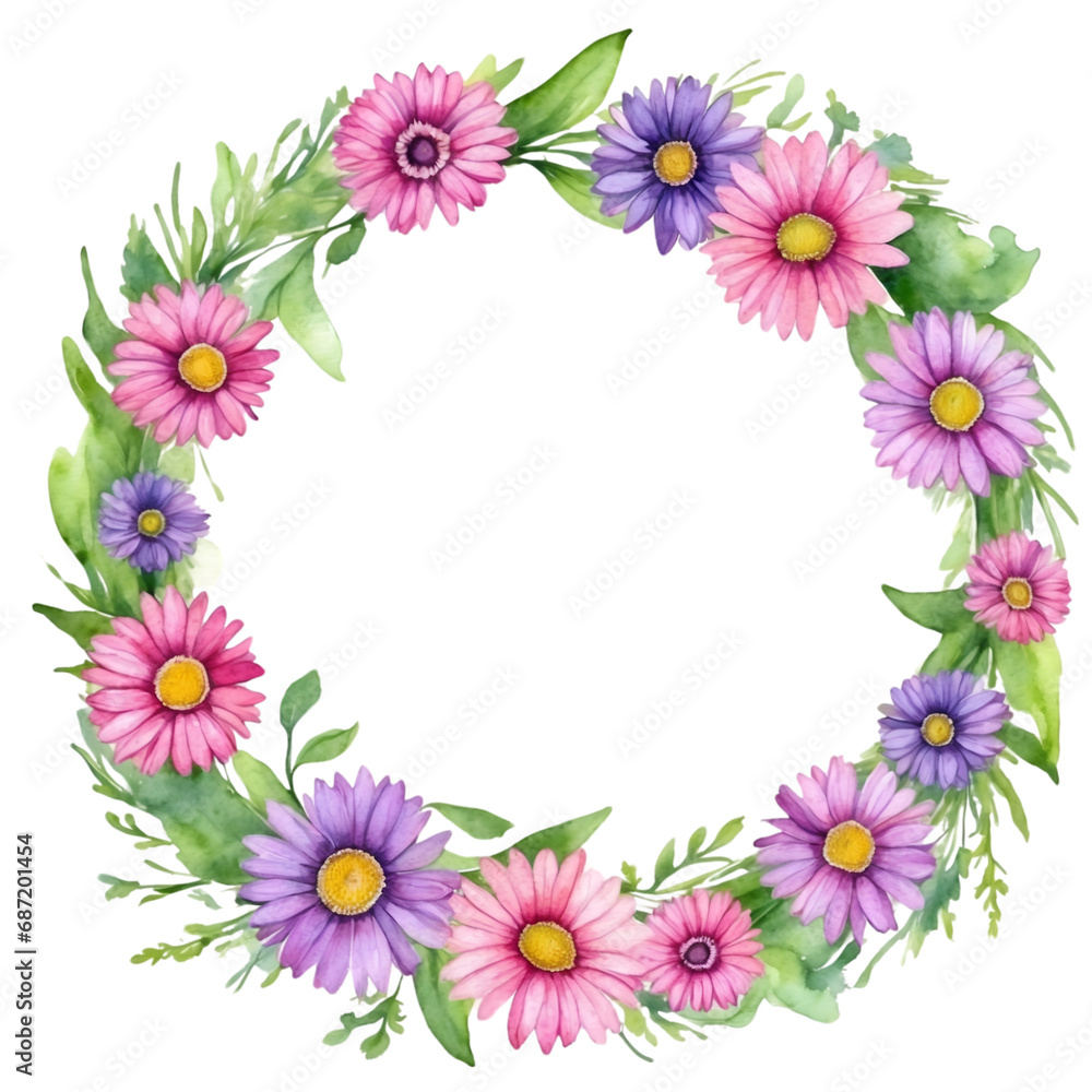 Watercolor illustration pink and purple  transvaal daisy flowers with green vivid leafs border. Creative graphics design.
