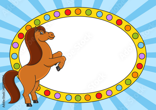 Horse reared up. Cartoon style. Color bright illustration. With place for your text. For circus advertisements, advertising.