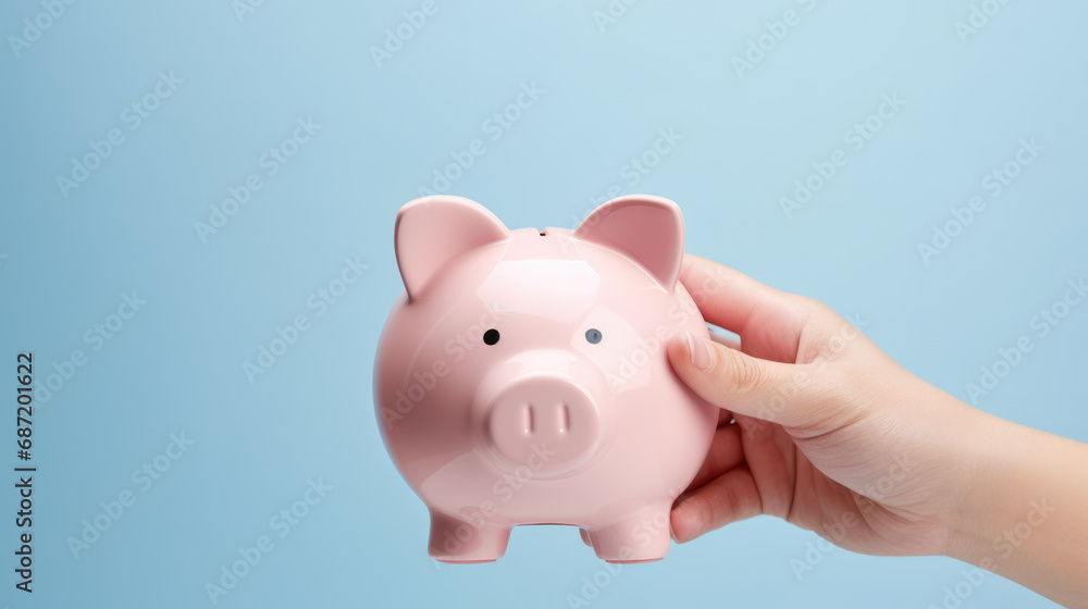 Hand holding a pink piggy bank, symbolizing personal savings and financial planning.