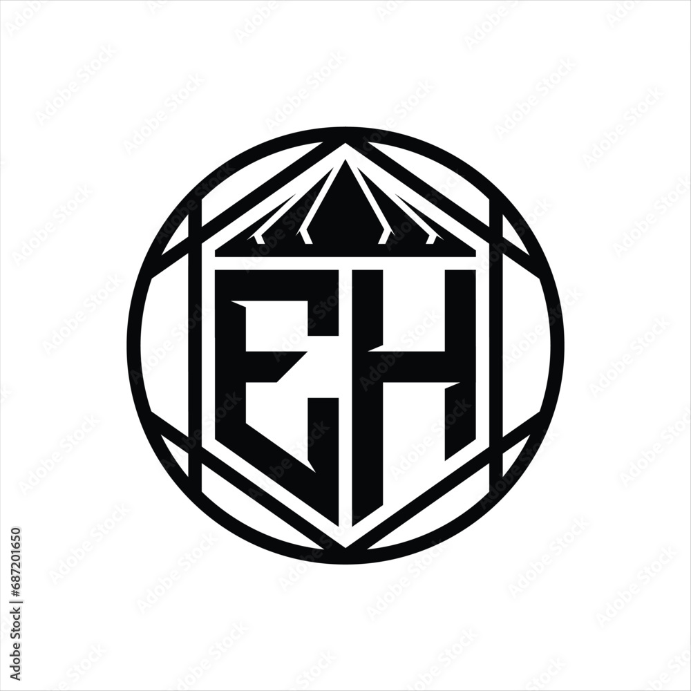 EH Letter Logo monogram hexagon slice crown sharp shield shape isolated circle abstract style design EH Letter Logo monogram hexagon slice crown sharp shield shape isolated circle abstract style design