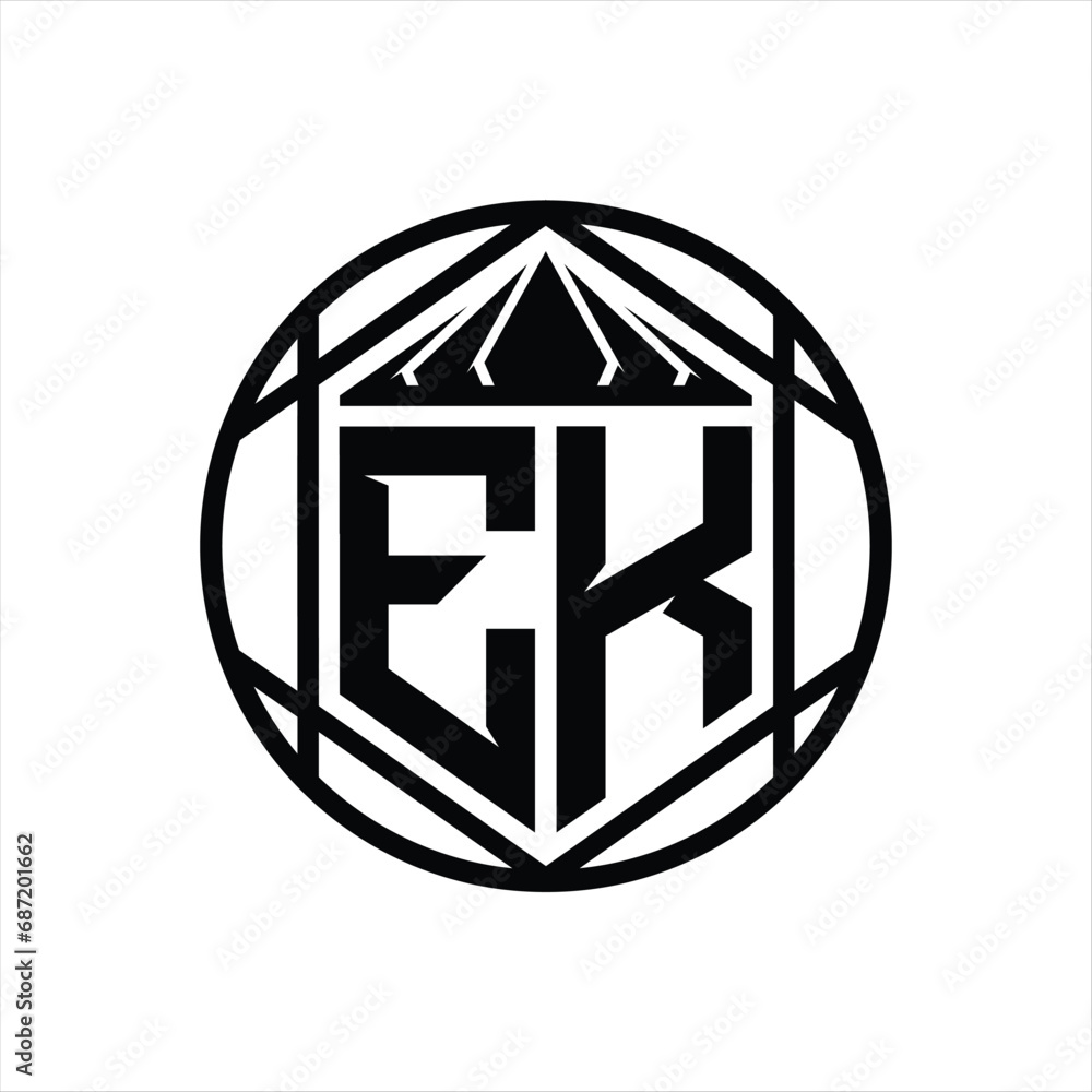 EK Letter Logo monogram hexagon slice crown sharp shield shape isolated circle abstract style design EK Letter Logo monogram hexagon slice crown sharp shield shape isolated circle abstract style design