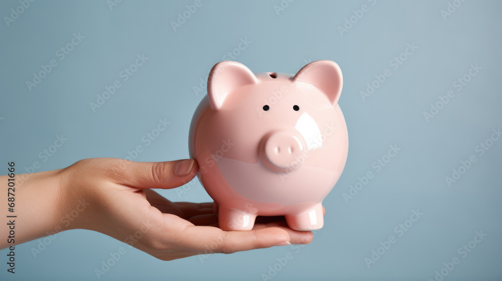 Hand holding a pink piggy bank, symbolizing personal savings and financial planning.