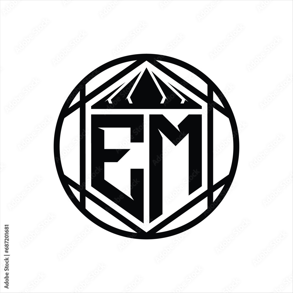 EM Letter Logo monogram hexagon slice crown sharp shield shape isolated circle abstract style design EM Letter Logo monogram hexagon slice crown sharp shield shape isolated circle abstract style design