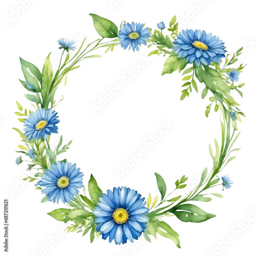 Watercolor illustration blue transvaal daisy flowers with green vivid leafs border. Creative graphics design. © Clip Arts Fusion 