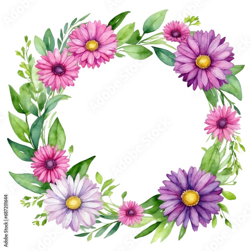 Watercolor illustration pink and purple transvaal daisy flowers with green vivid leafs border. Creative graphics design.