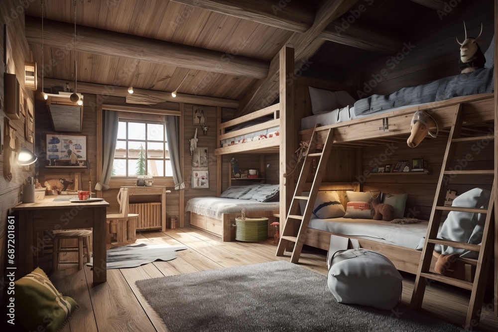 Interior of children room with bulk beds in wooden house. Traditional Swiss chalet. Interior of children room with bulk beds in wooden house. Traditional Swiss chalet.