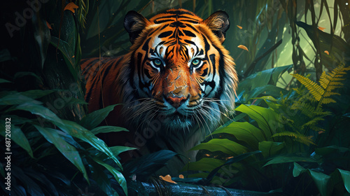 A tiger in the jungle  with its stripes and powerful muscles on full display. Generative Ai
