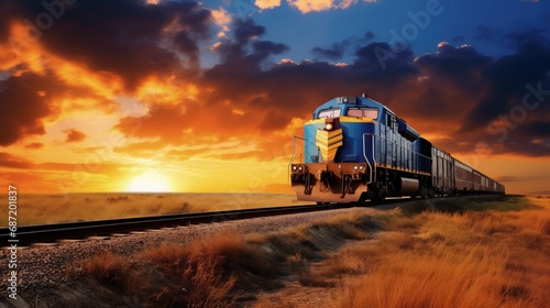 Cargo Train Journey Through the Rolling Countryside Under a Dramatic Cloudy Sky