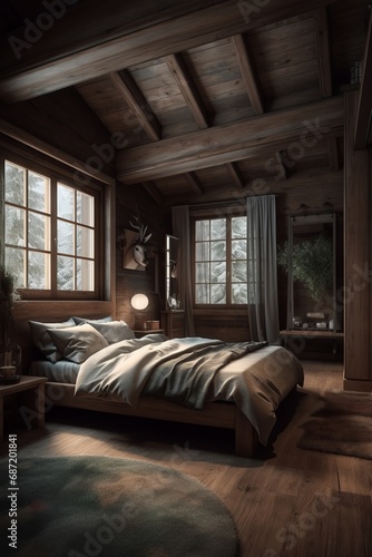 Bedroom interior in Swiss chalet. Wooden house interior.