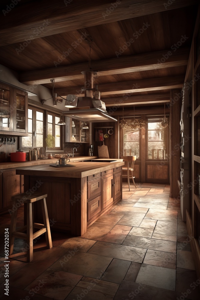 Kitchen interior with dark wooden decorative materials and furniture in modern Swiss chalet