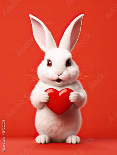 cute bunny holding a red heart on red background. generative ai