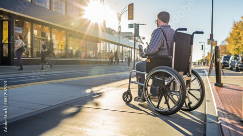 Person in a manual wheelchair waiting at a public transport stop, highlighting urban accessibility and the integration of disability-friendly features in public transportation. photo