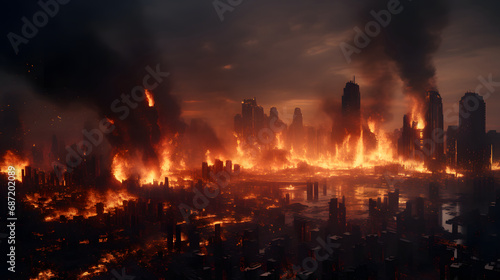 Burning city Warzone city with smoke and fire..