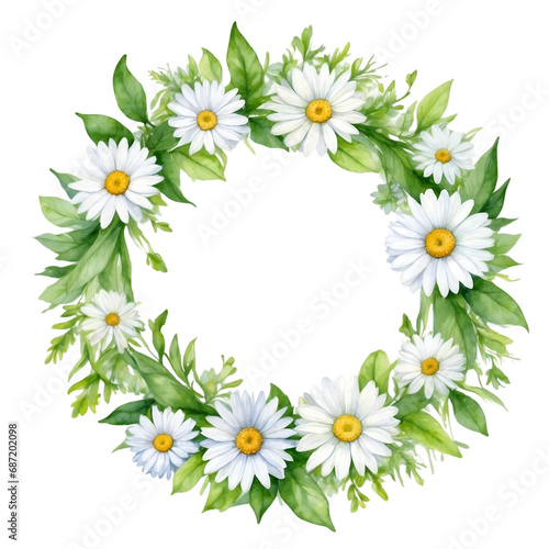 Watercolor illustration white transvaal daisy flowers with green vivid leafs border. Creative graphics design. © Clip Arts Fusion 