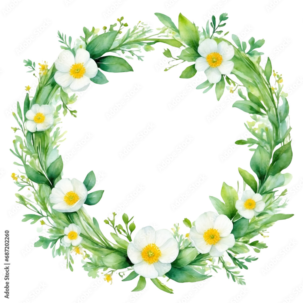 Watercolor illustration white buttercup flowers with green vivid leafs border. Creative graphics design.