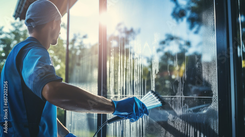 Wallpaper Mural Person wearing blue rubber gloves cleaning a window with a sponge, with a clear blue sky reflected in the glass Torontodigital.ca