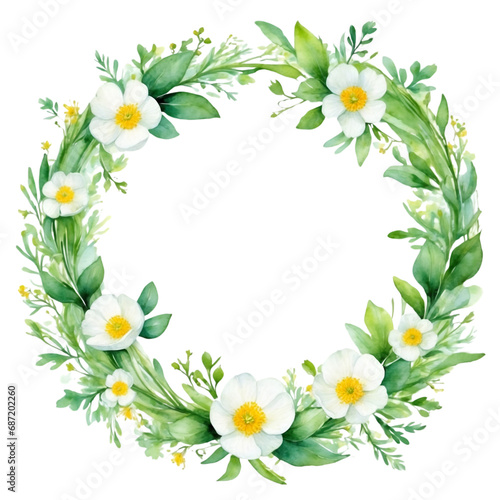Watercolor illustration white buttercup flowers with green vivid leafs border. Creative graphics design.