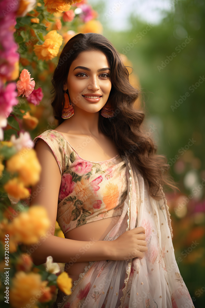 indian super model with traditional saree , smiling in a heavenly flower garden. indian super model with traditional saree , smiling in a heavenly flower garden.