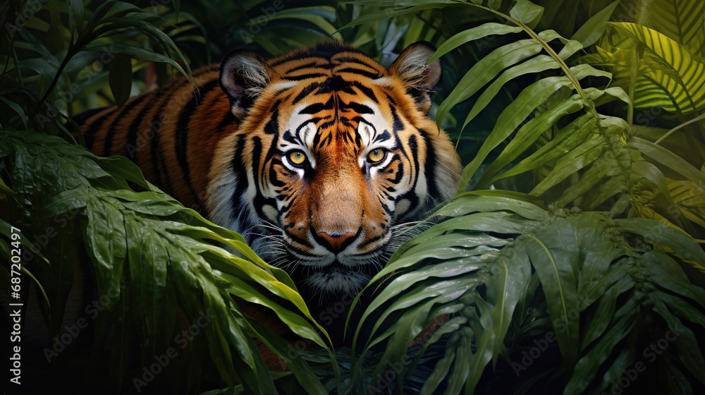 Fototapeta premium A tiger in the jungle, with its stripes and powerful muscles on full display. Generative Ai