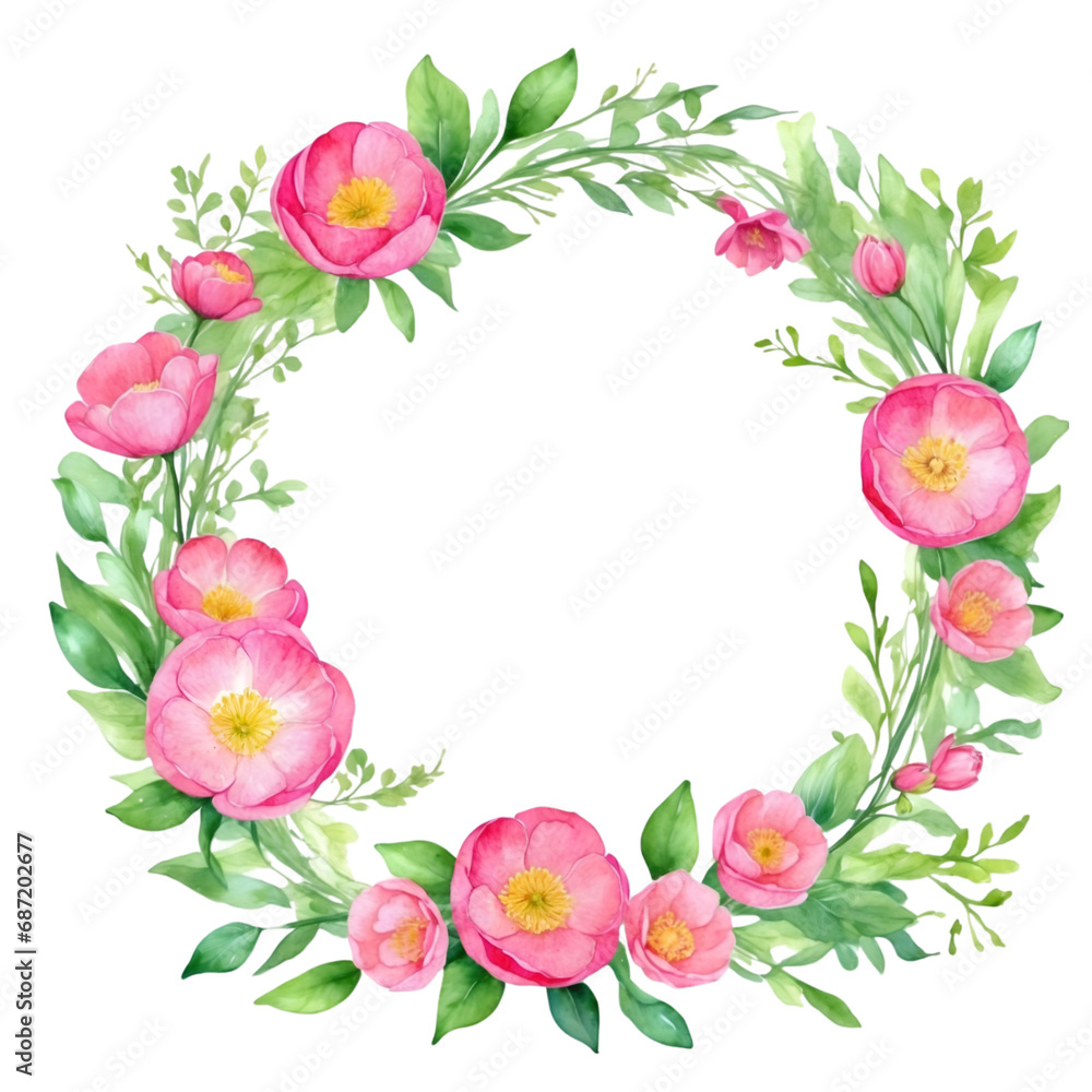 Watercolor illustration pink buttercup flowers with green vivid leafs border. Creative graphics design Watercolor illustration pink buttercup flowers with green vivid leafs border. Creative graphics design