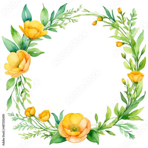 Watercolor illustration yellow buttercup flowers with green vivid leafs border. Creative graphics design. © Clip Arts Fusion 