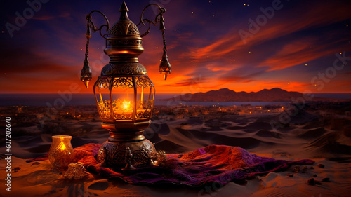 Aladdin's lamp in the desert sand. Generative AI photo
