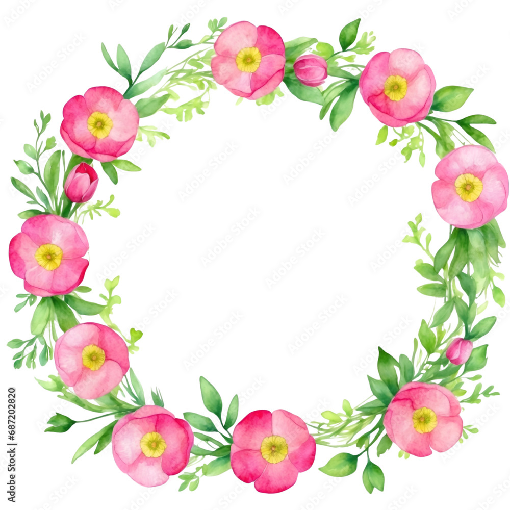 Watercolor illustration pink buttercup flowers with green vivid leafs border. Creative graphics design Watercolor illustration pink buttercup flowers with green vivid leafs border. Creative graphics design