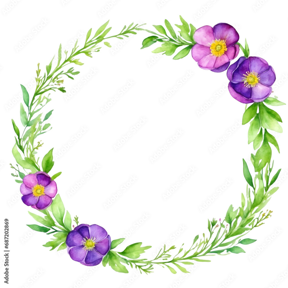 Watercolor illustration purple buttercup flowers with green vivid leafs border. Creative graphics design.