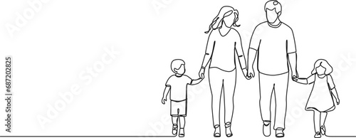 continuous single line drawing of mother and father with two children walking hand in hand, family line art vector illustration