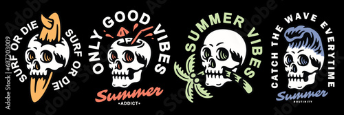Summer themed skull set design. For t-shirts, stickers and other similar products.