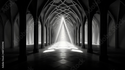 Symmetrical balance of light and shadow in archeitecture. Generative AI