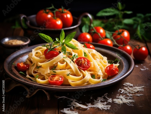 Plate with traditional Italian fettuccine pasta, cherry tomatoes and basil leaves on wooden table, Provence style.