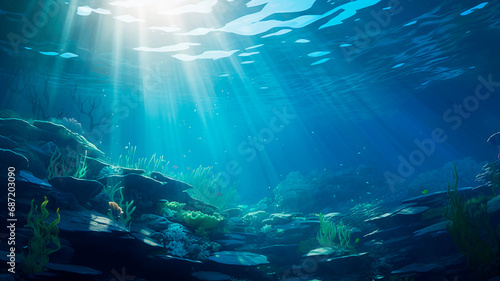 A tranquil underwater setting illuminated by sunlight that gracefully touches the ocean floor, creating a serene backdrop. Generative AI © Yuriy Maslov
