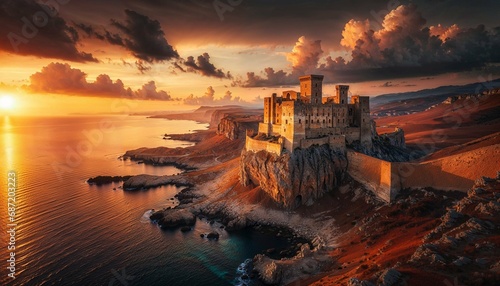 Sunset over Ancient Coastal Fortress with Dramatic Landscape