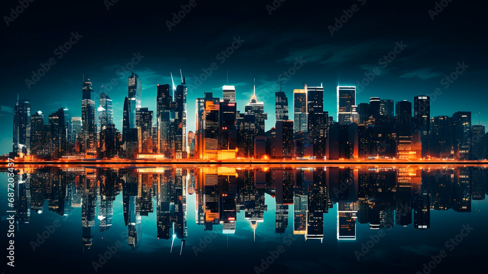 Urban Reflections: Skyscrapers and City Silhouettes Illuminate Night Lights in Modern Metropolises. Generative AI