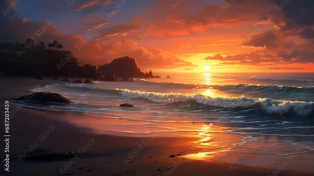 The sun's first light over the ocean, casting a warm and inviting glow on the shoreline.