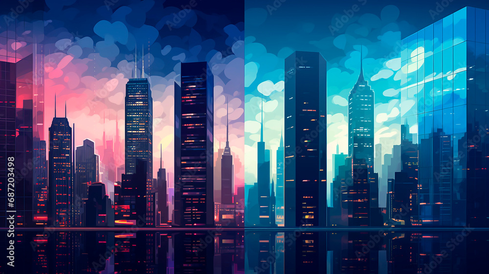 Urban Reflections: Skyscrapers and City Silhouettes Illuminate Night Lights in Modern Metropolises. Generative AI