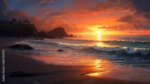 The sun s first light over the ocean  casting a warm and inviting glow on the shoreline.