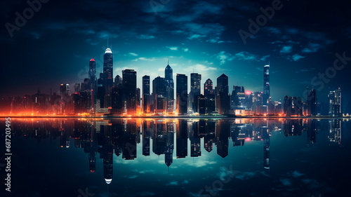 Urban Reflections  Skyscrapers and City Silhouettes Illuminate Night Lights in Modern Metropolises. Generative AI
