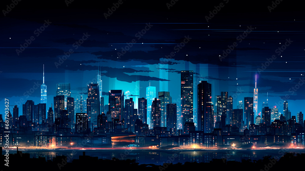 Urban Reflections: Skyscrapers and City Silhouettes Illuminate Night Lights in Modern Metropolises. Generative AI