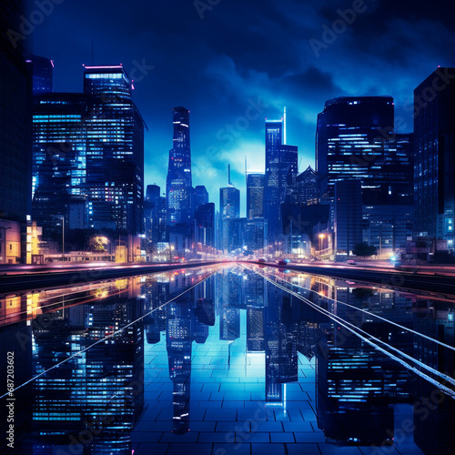 Urban Reflections: Skyscrapers and City Silhouettes Illuminate Night Lights in Modern Metropolises. Generative AI