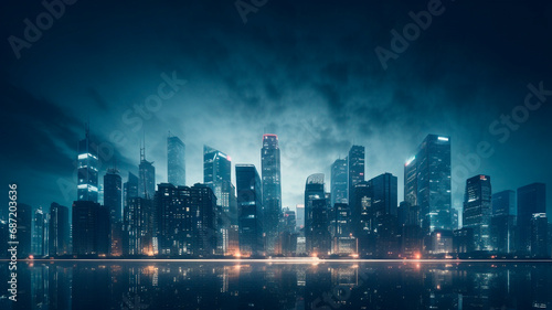 Urban Reflections: Skyscrapers and City Silhouettes Illuminate Night Lights in Modern Metropolises. Generative AI © Yuriy Maslov
