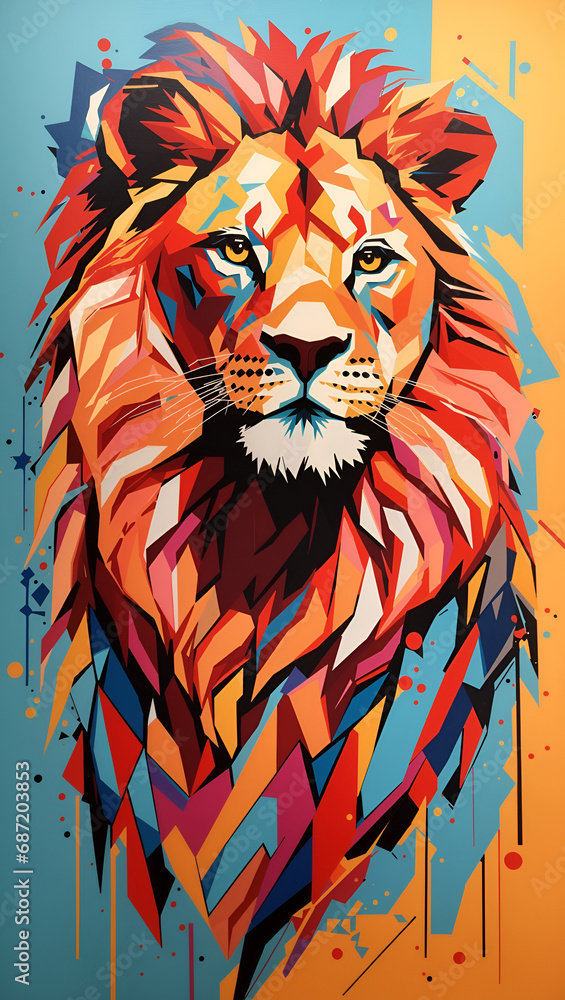 Abstract Lion Artwork Geometric Acrylic Animal Painting Colorful Background Digital Art Design