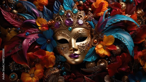 Mardi Gras party design with colorful mask and feathers in 3d, carnival and masquerade concept