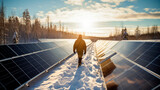 Solar panel maintenance technician walking among snow-covered panels. illustration of solar panel snow clearing. green energy in winter weather. Generative AI