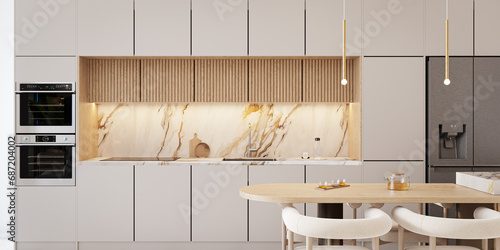 Cocina moderna con desayunador en colores blancos y maderados, con muebles de hornos