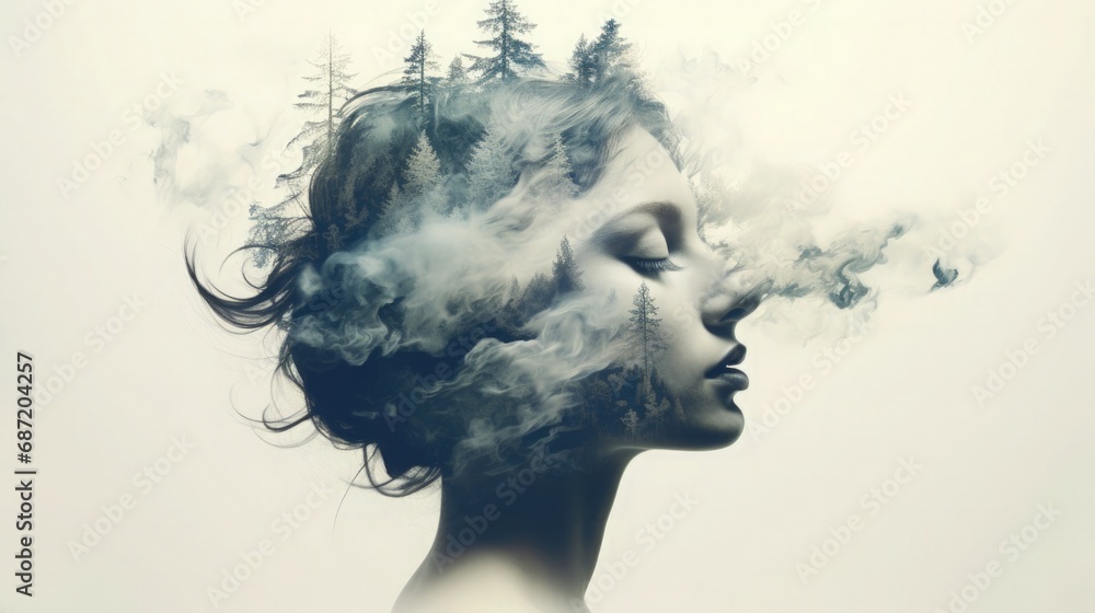 Double Exposure Woman Trees Green Forest Futuristic City Buildings Black and White Concept of Sustainable Business ESG Renewable Clean Energy Awareness of Environmental Protection Mindfulness 16:9
