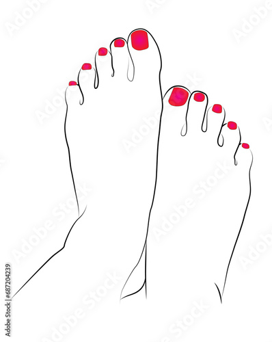 Beautiful woman feet with red nail polish line drawing isolated on white background - vector illustration