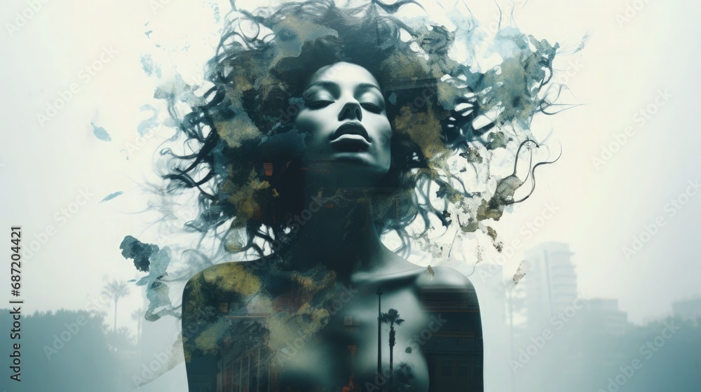 Double Exposure Woman Trees Green Forest Futuristic City Buildings Black and White Concept of Sustainable Business ESG Renewable Clean Energy Awareness of Environmental Protection Mindfulness Double Exposure Woman Trees Green Forest Futuristic City Buildings Black and White Concept of Sustainable Business ESG Renewable Clean Energy Awareness of Environmental Protection Mindfulness